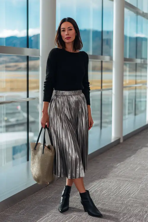 A woman in her 40s wears a metallic gray pleated midi skirt paired with a black knit top and ankle boots