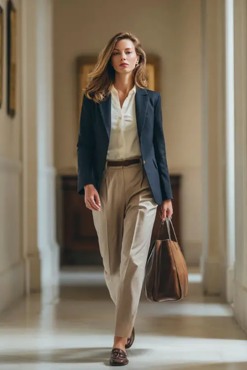 A woman in her 40s wears a navy wool blazer over a cream blouse and high-waist trousers with loafers