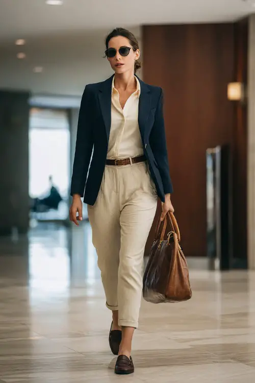 A woman in her 40s wears a navy wool blazer over a cream blouse and high-waist trousers with loafers