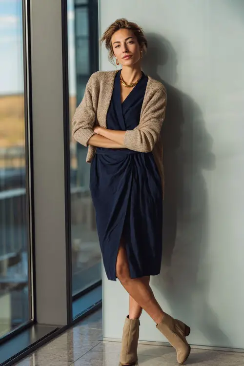 A woman in her 40s wears a navy wrap dress paired with a beige cardigan and ankle boots