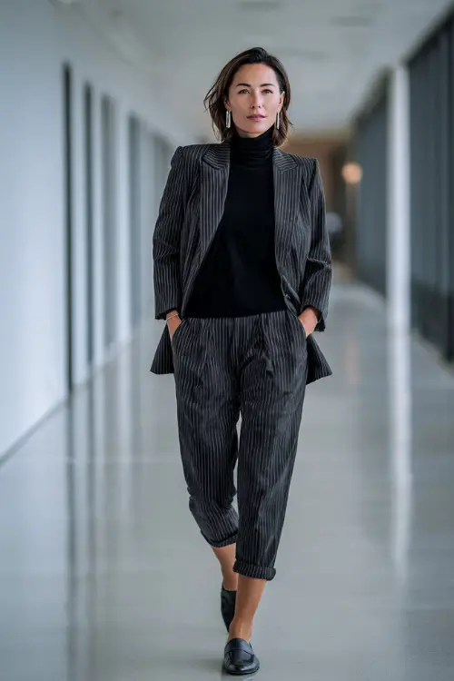 A woman in her 40s wears a pinstripe blazer over a black turtleneck with cropped trousers and heeled loafers