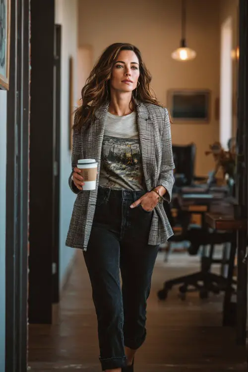 A woman in her 40s wears a plaid blazer layered over a graphic tee with black jeans and heeled loafers