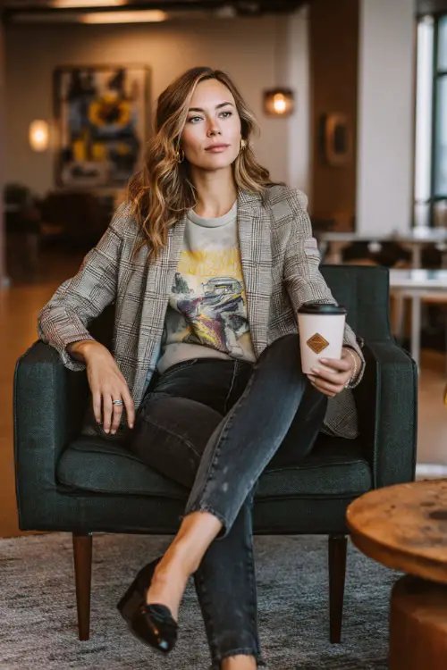 A woman in her 40s wears a plaid blazer layered over a graphic tee with black jeans and heeled loafers
