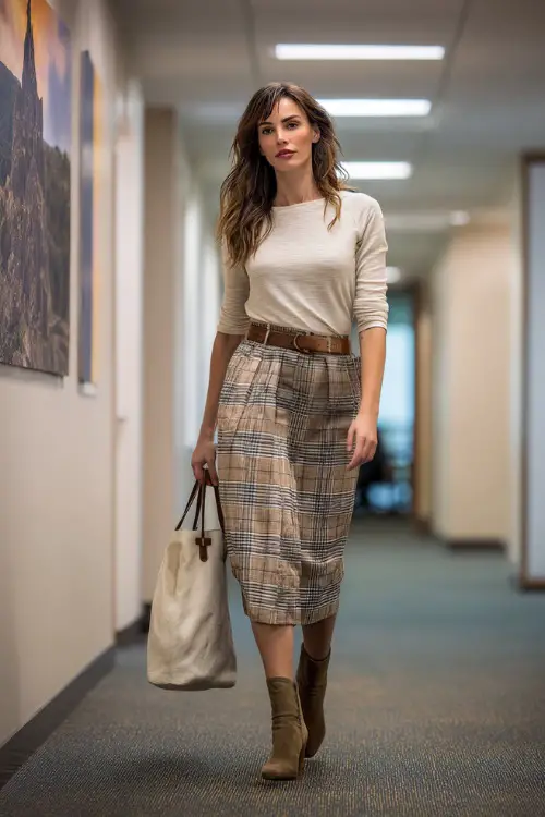 A woman in her 40s wears a plaid midi skirt with a beige knit top and suede ankle boots