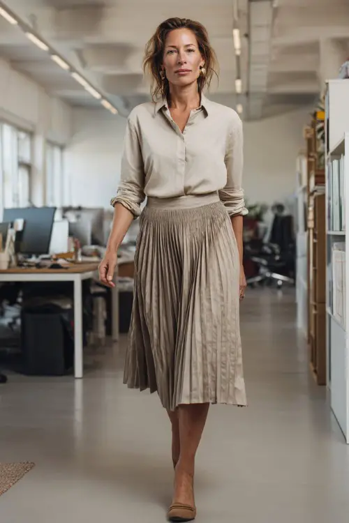 A woman in her 40s wears a pleated midi skirt in neutral tones paired with a tucked-in blouse and heeled sandals, walking through a coworking space with minimal decor