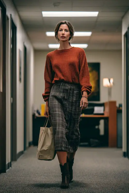 A woman in her 40s wears a rust-colored knit top tucked into a plaid midi skirt with ankle boots, carrying a structured tote bag while walking through an office corridor