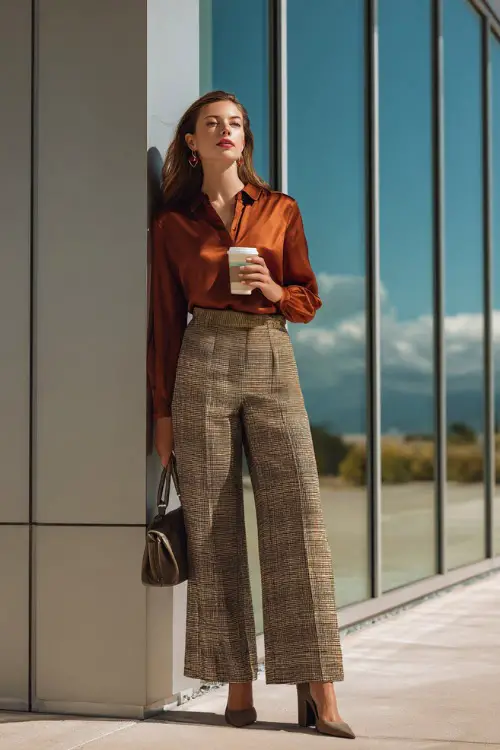 A woman in her 40s wears a rust-colored silk blouse tucked into plaid wide-leg trousers with block-heel shoes