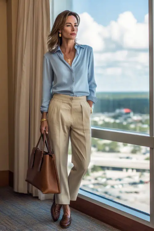 A woman in her 40s wears a soft blue button-up shirt tucked into beige trousers with loafers, accessorized with subtle gold jewelry and a leather handbag