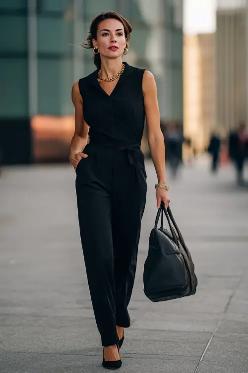 A woman in her 40s wears a tailored black jumpsuit with a cinched waist and gold jewelry