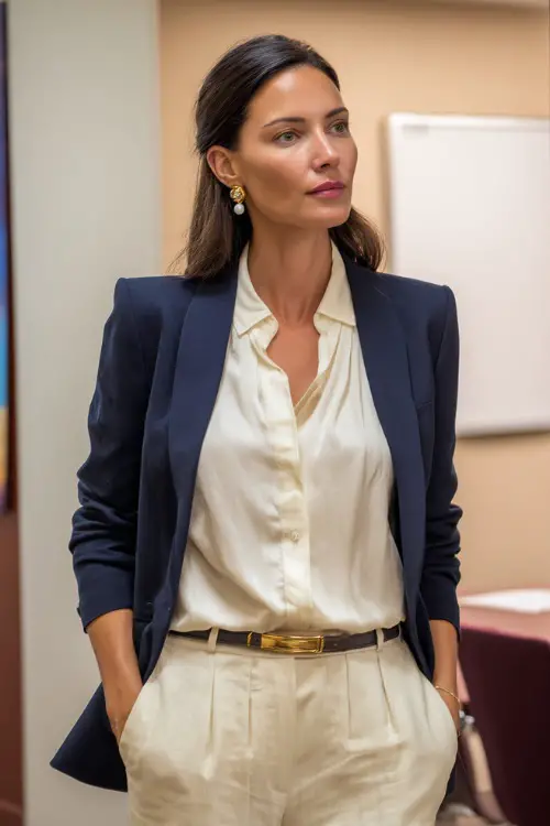 A woman in her 40s wears a tailored navy blazer over a cream blouse and high-waist trousers, accessorized with pearl earrings and a slim belt, standing confidently near a meeting room