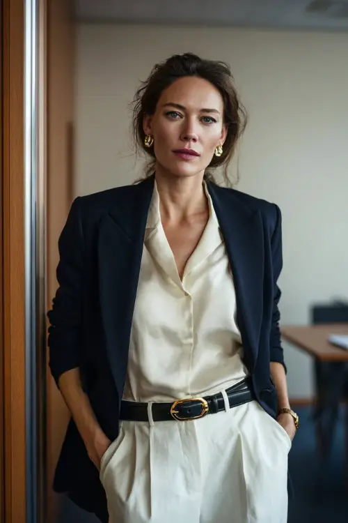 A woman in her 40s wears a tailored navy blazer over a cream blouse and high-waist trousers, accessorized with pearl earrings and a slim belt