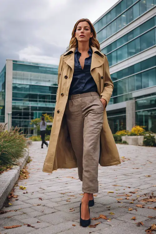 A woman in her 40s wears a tan trench coat layered over a navy blouse and cropped trousers with block-heel shoes
