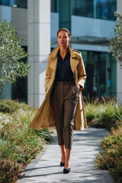 A woman in her 40s wears a tan trench coat layered over a navy blouse and cropped trousers with block-heel shoes