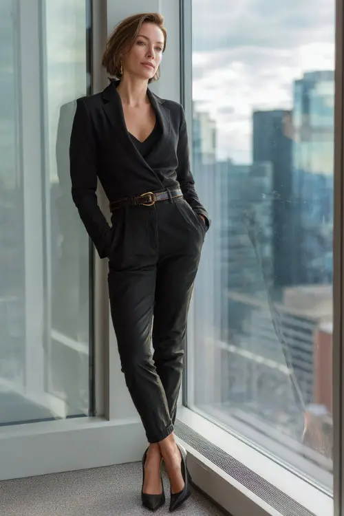 A woman in her 40s wears an all-black monochrome look with a fitted blazer