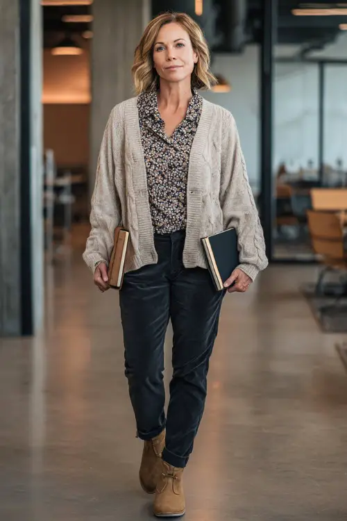 A woman in her 50s wears a beige cardigan layered over a printed blouse with dark trousers and suede boots
