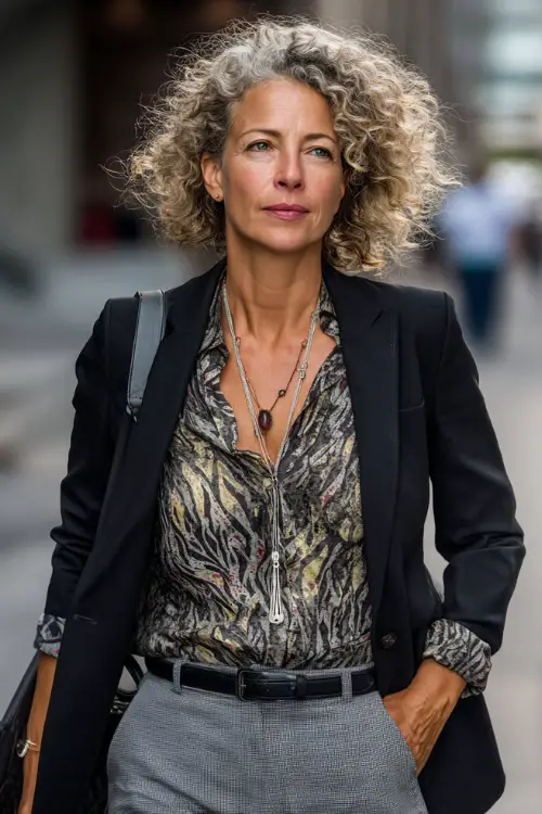 A woman in her 50s wears a black blazer over a patterned blouse and gray trousers, accessorized with a long necklace and a handbag, walking through a city business district