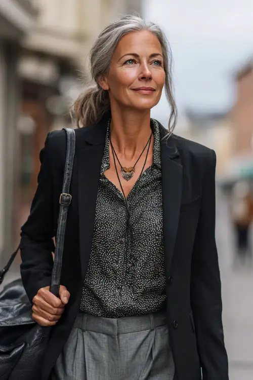 A woman in her 50s wears a black blazer over a patterned blouse and gray trousers, accessorized with a long necklace and a handbag
