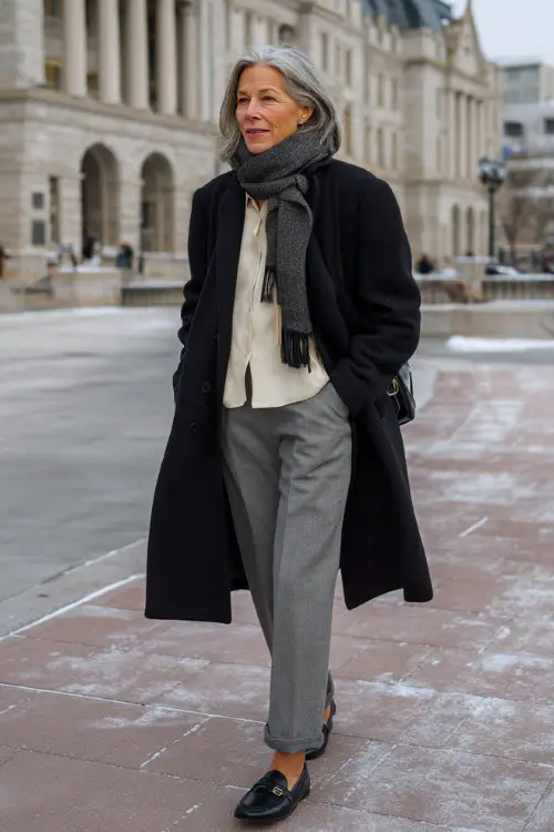 A woman in her 50s wears a black wool coat over a cream blouse and gray straight-leg trousers