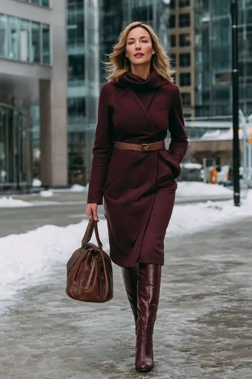 A woman in her 50s wears a burgundy wool dress with a belt at the waist and knee-high boots (2)