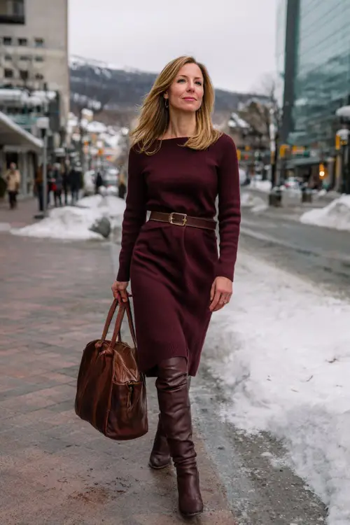 A woman in her 50s wears a burgundy wool dress with a belt at the waist and knee-high boots