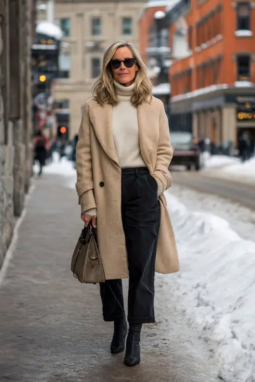 A woman in her 50s wears a camel wool coat layered over a cream turtleneck and black trousers with heeled ankle boots