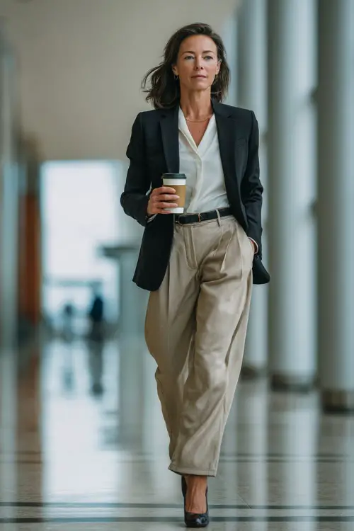 A woman in her 50s wears a charcoal blazer over a white blouse with tailored beige trousers and block-heel shoes