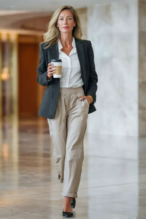 A woman in her 50s wears a charcoal blazer over a white blouse with tailored beige trousers and block-heel shoes