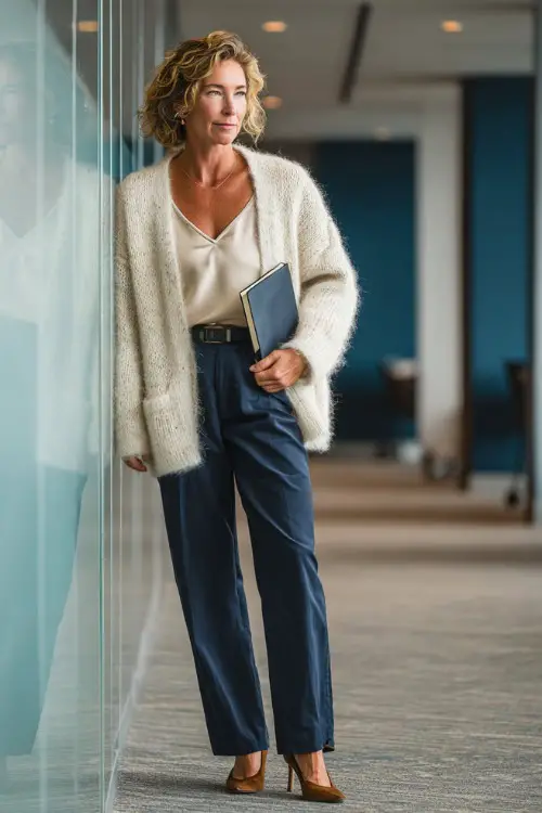 A woman in her 50s wears a cream cardigan layered over a silk cami with navy trousers and block-heel shoes, holding a notebook while standing near a conference room