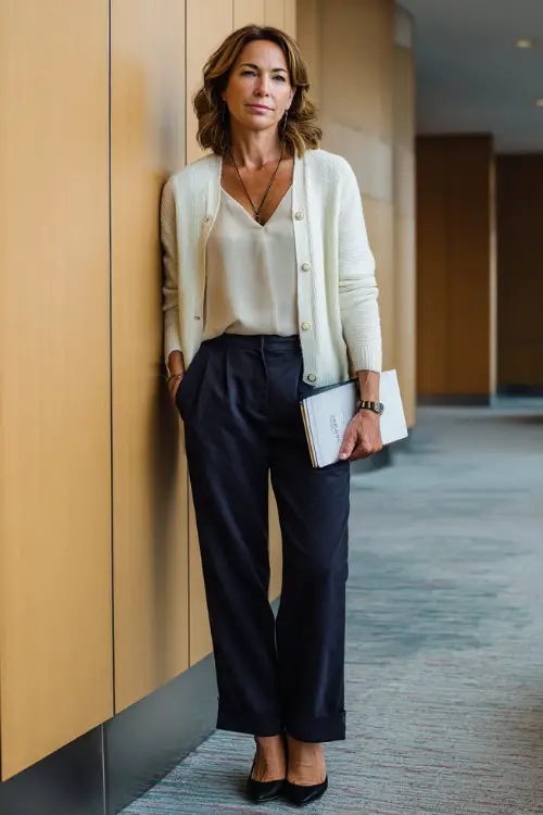 A woman in her 50s wears a cream cardigan layered over a silk cami with navy trousers and block-heel shoes, holding a notebook while standing near a conference room