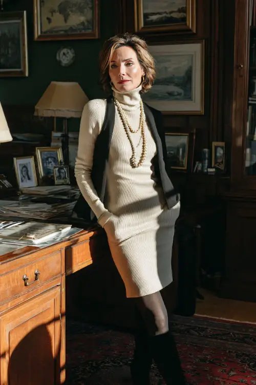 A woman in her 50s wears a cream turtleneck dress with black tights and ankle boots