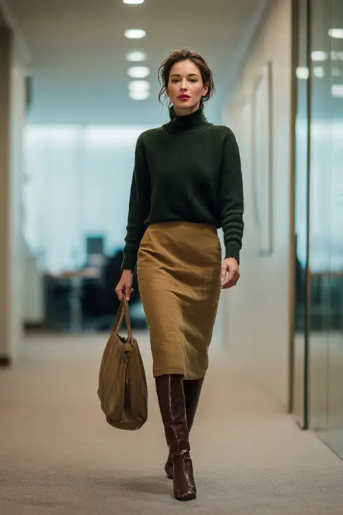 A woman in her 50s wears a dark green sweater tucked into a camel midi skirt with tights and heeled boots