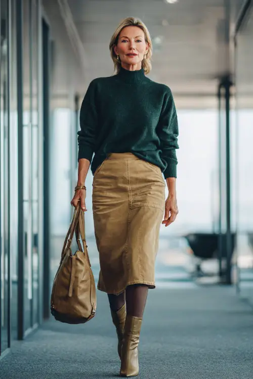 A woman in her 50s wears a dark green sweater tucked into a camel midi skirt with tights and heeled boots