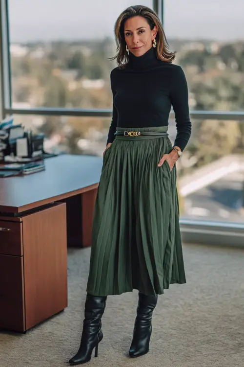 A woman in her 50s wears a forest green pleated skirt with a black turtleneck and heeled boots, accessorized with pearl earrings and a belt, standing confidently near her office desk