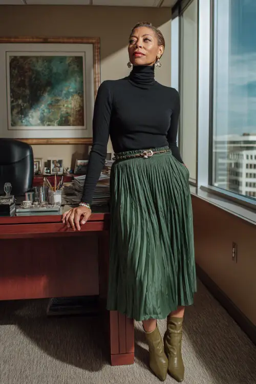 A woman in her 50s wears a forest green pleated skirt with a black turtleneck and heeled boots, accessorized with pearl earrings and a belt, standing confidently near her office desk