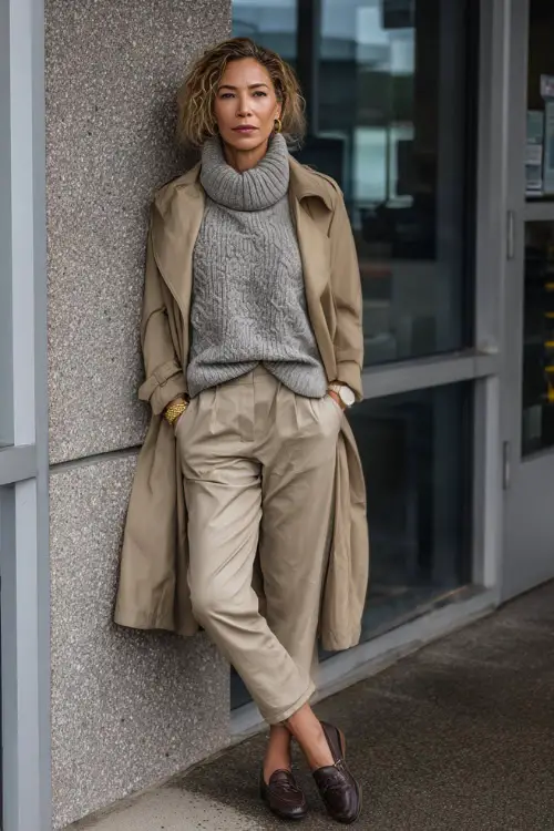 A woman in her 50s wears a gray knit sweater layered under a tan trench coat with slim trousers and loafers