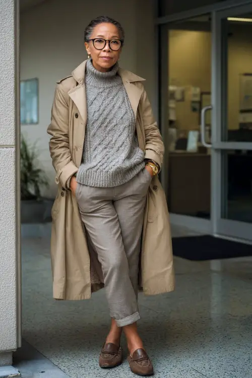 A woman in her 50s wears a gray knit sweater layered under a tan trench coat with slim trousers and loafers
