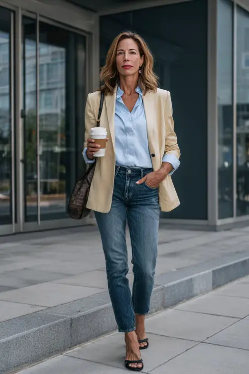 A woman in her 50s wears a light blue blouse under a beige blazer with dark jeans and block-heel sandals, carrying a coffee cup while standing on a city sidewalk near office buildings