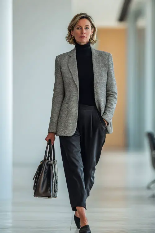 A woman in her 50s wears a light gray wool blazer over a black turtleneck and matching trousers with low-heel shoes