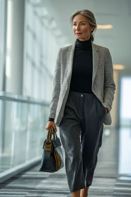 A woman in her 50s wears a light gray wool blazer over a black turtleneck and matching trousers with low-heel shoes