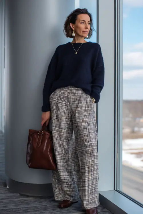 A woman in her 50s wears a navy knit sweater tucked into plaid wide-leg trousers with loafers