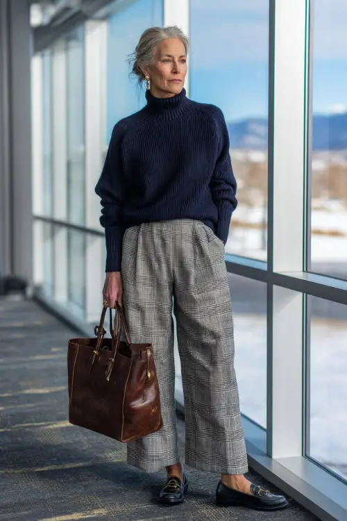 A woman in her 50s wears a navy knit sweater tucked into plaid wide-leg trousers with loafers
