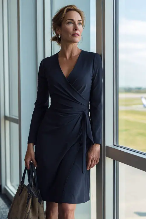 A woman in her 50s wears a navy wrap dress with long sleeves and pumps, accessorized with pearl earrings and a structured handbag