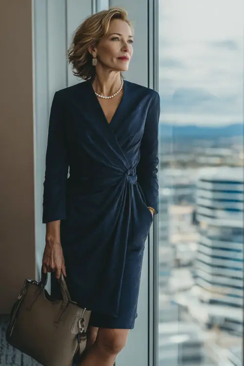 A woman in her 50s wears a navy wrap dress with long sleeves and pumps, accessorized with pearl earrings and a structured handbag, standing beside a large office window with natural light
