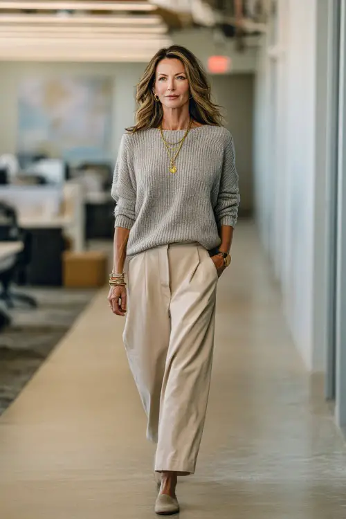 A woman in her 50s wears a soft gray knit sweater tucked into beige wide-leg trousers with loafers, accessorized with gold jewelry and a watch
