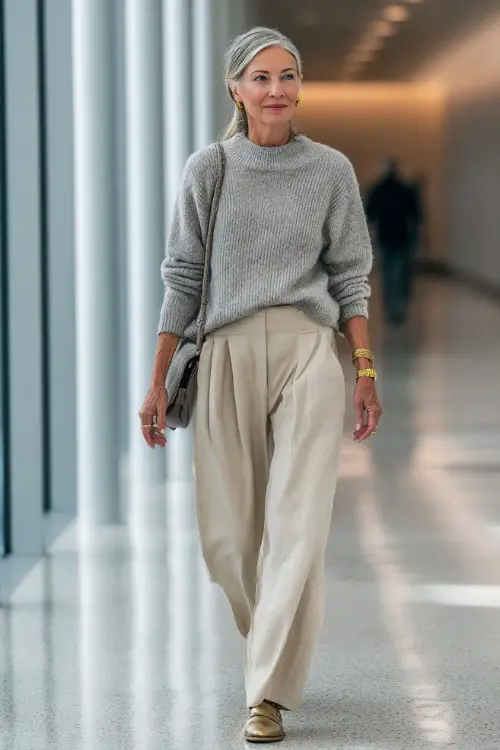 A woman in her 50s wears a soft gray knit sweater tucked into beige wide-leg trousers with loafers, accessorized with gold jewelry and a watch