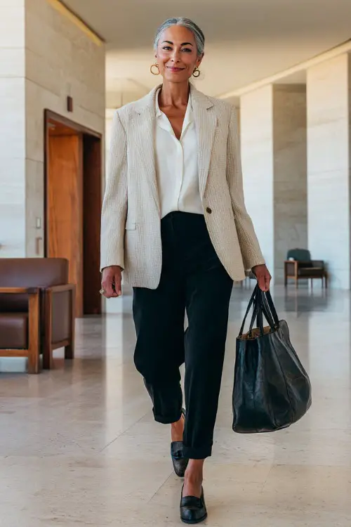 A woman in her 50s wears a tailored beige blazer over a white blouse with black straight-leg trousers and block-heel loafers