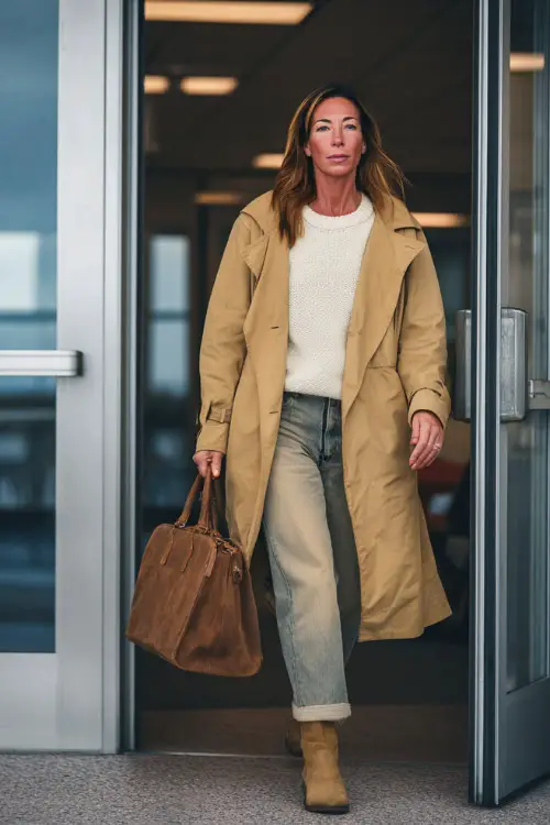 A woman in her 50s wears a tan belted trench coat over a cream sweater and straight-leg jeans with ankle boots, carrying a leather handbag while entering an office building