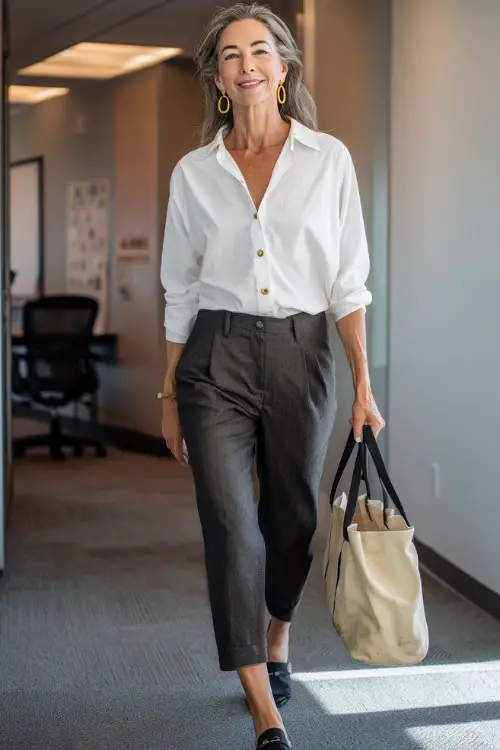 A woman in her 50s wears a white button-up blouse tucked into charcoal trousers with loafers, accessorized with gold hoop earrings and a tote bag, walking through a bright