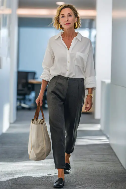 A woman in her 50s wears a white button-up blouse tucked into charcoal trousers with loafers, accessorized with gold hoop earrings and a tote bag, walking through a bright