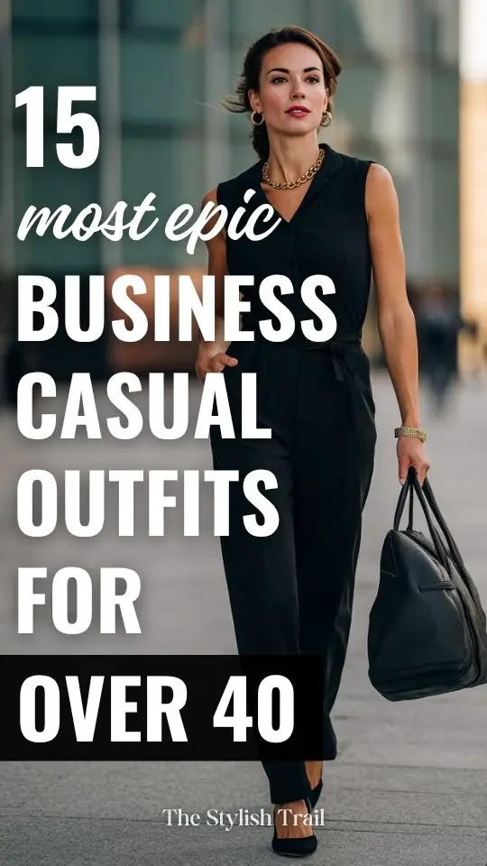 A woman over 40 wears a business casual outfit with a tailored black jumpsuit with a cinched waist and gold jewelry